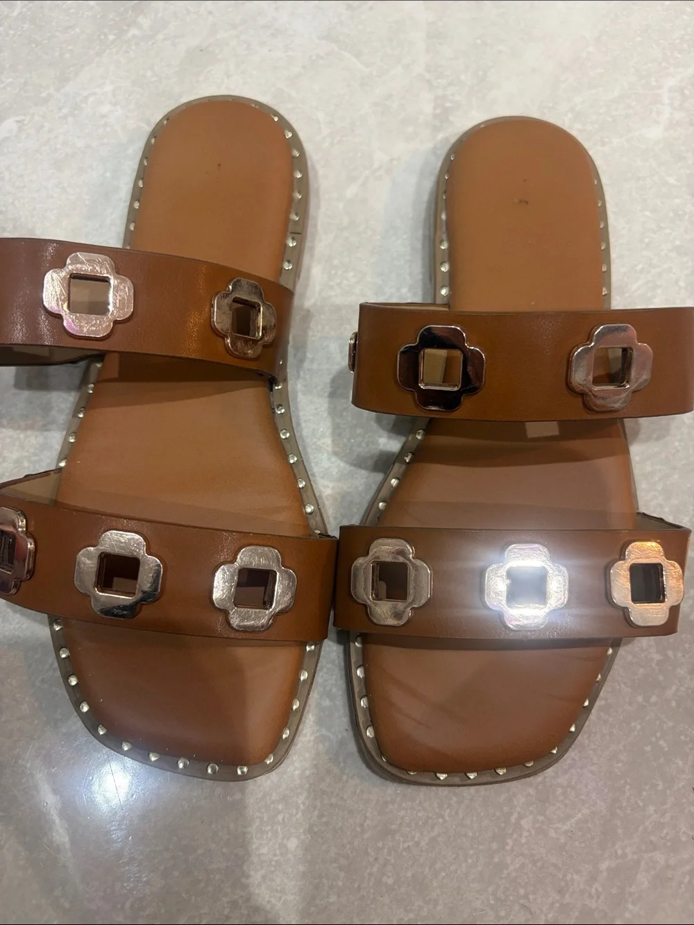 Tahari Brown Double-Strap Studded Slide Sandals